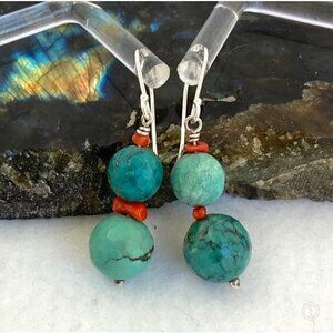 Sterling Silver 925 1.7" Faceted Turquoise Red Coral Beaded Dangle Drop Earrings